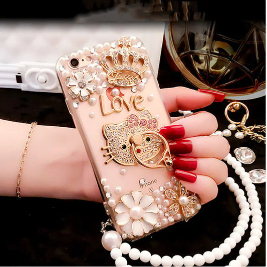 Rhinestone Phone Case with Silicone Stand and Lanyard