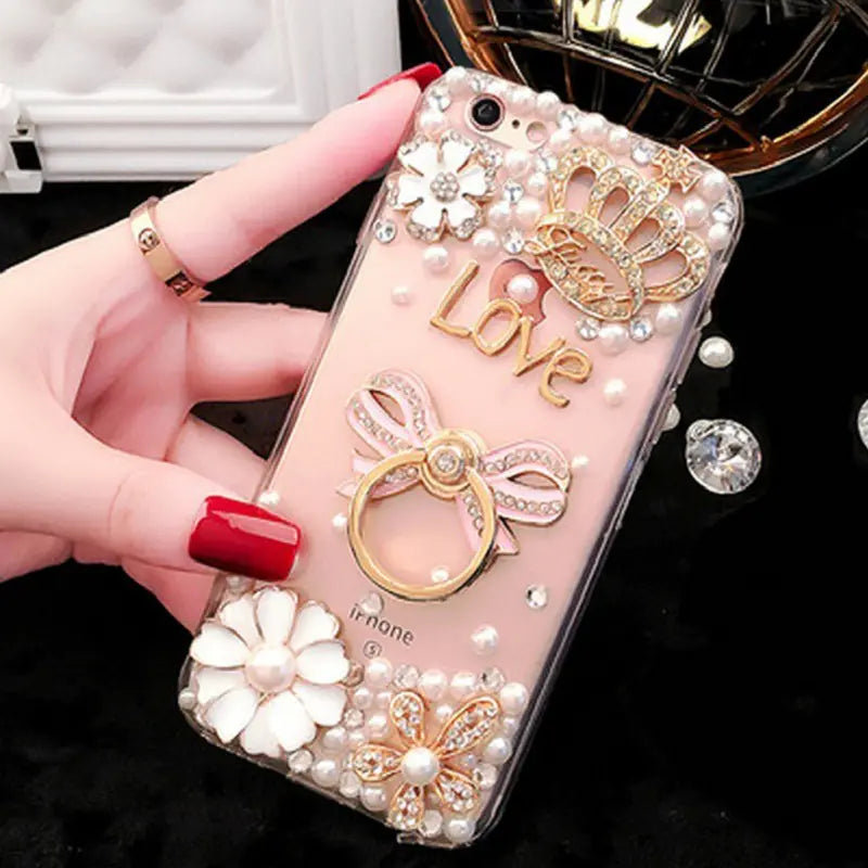 Rhinestone Phone Case with Silicone Stand and Lanyard
