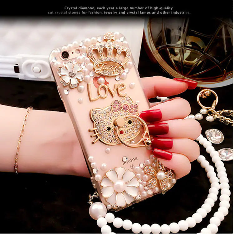 Rhinestone Phone Case with Silicone Stand and Lanyard