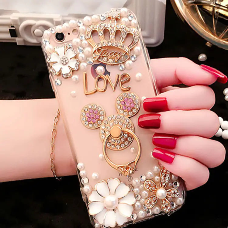 Rhinestone Phone Case with Silicone Stand and Lanyard